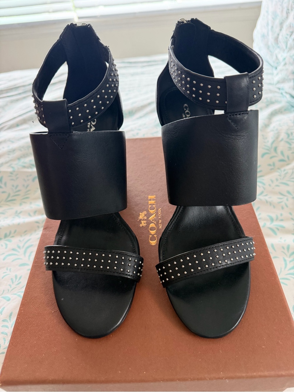 Coach Dessa Black Studded Leather High Heel Sandals